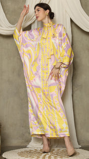 Yellow Abstract High Collar Long Kaftan