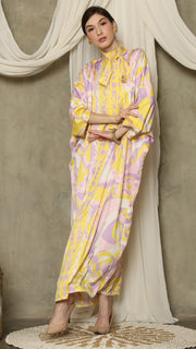 Yellow Abstract High Collar Long Kaftan