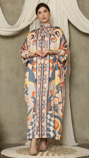 Grey Abstract High Collar Long Kaftan