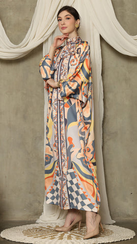 Grey Abstract High Collar Long Kaftan