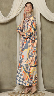 Grey Abstract High Collar Long Kaftan