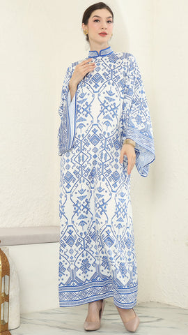 White Blue Songket Long Dress