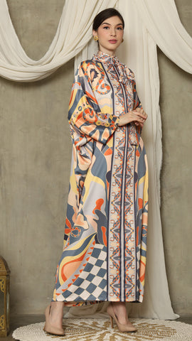 Grey Abstract High Collar Long Kaftan