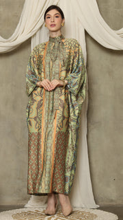 Green Orange Flower High Collar Long Kaftan