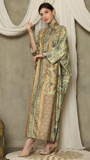 Green Orange Flower High Collar Long Kaftan