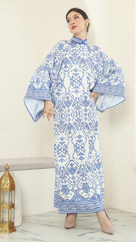 White Blue Songket Long Dress