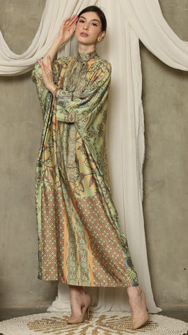 Green Orange Flower High Collar Long Kaftan