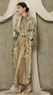 Green Orange Flower High Collar Long Kaftan