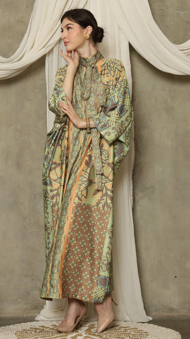 Green Orange Flower High Collar Long Kaftan