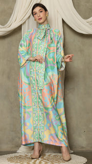 Green  Abstract High Collar Long Kaftan