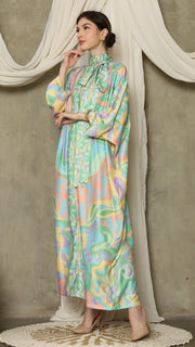 Green  Abstract High Collar Long Kaftan