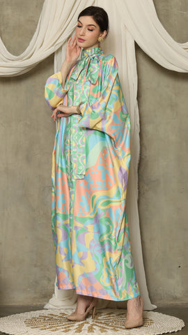 Green  Abstract High Collar Long Kaftan