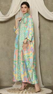 Green  Abstract High Collar Long Kaftan