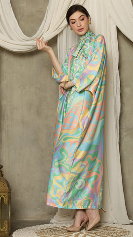 Green  Abstract High Collar Long Kaftan