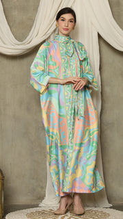 Green  Abstract High Collar Long Kaftan