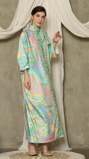 Green  Abstract High Collar Long Kaftan