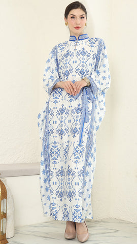 Blue White Songket Long Sleeve Kaftan