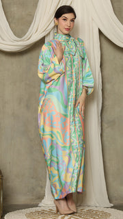 Green  Abstract High Collar Long Kaftan