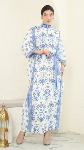 Blue White Songket Long Sleeve Kaftan