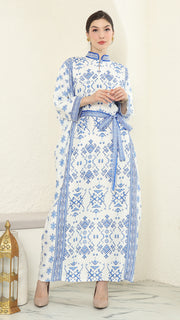 Blue White Songket Long Sleeve Kaftan