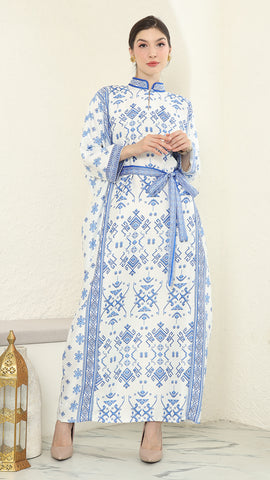 Blue White Songket Long Sleeve Kaftan