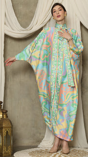 Green  Abstract High Collar Long Kaftan