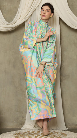 Green  Abstract High Collar Long Kaftan