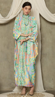 Green  Abstract High Collar Long Kaftan