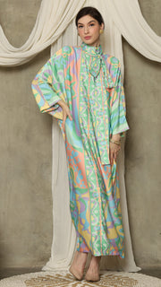 Green  Abstract High Collar Long Kaftan