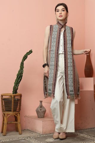 Brown Handwoven Ikat Vest with fringes