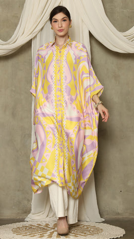 Yellow Pink Abstract Button Kaftan