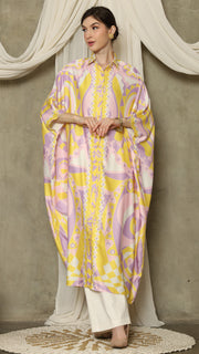 Yellow Pink Abstract Button Kaftan