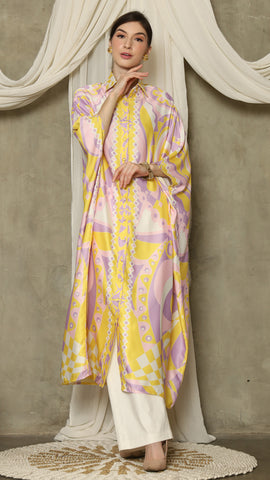 Yellow Pink Abstract Button Kaftan