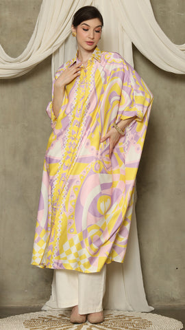 Yellow Pink Abstract Button Kaftan