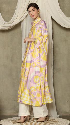 Yellow Pink Abstract Button Kaftan