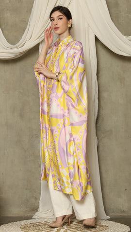 Yellow Pink Abstract Button Kaftan