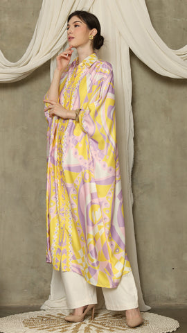 Yellow Pink Abstract Button Kaftan