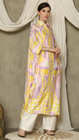 Yellow Pink Abstract Button Kaftan