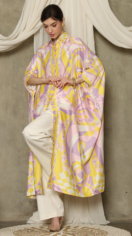 Yellow Pink Abstract Button Kaftan