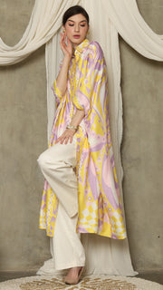 Yellow Pink Abstract Button Kaftan