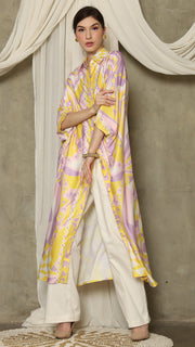 Yellow Pink Abstract Button Kaftan