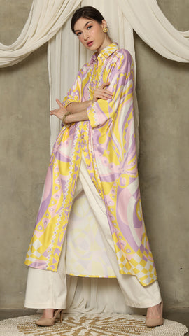 Yellow Pink Abstract Button Kaftan