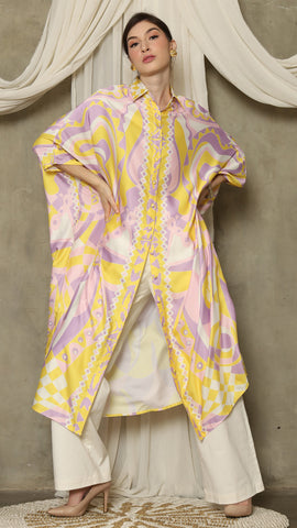 Yellow Pink Abstract Button Kaftan