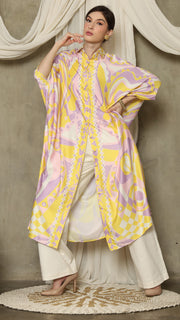 Yellow Pink Abstract Button Kaftan