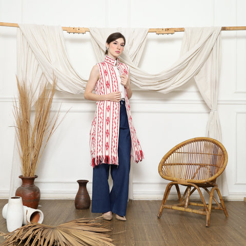 Red and White Ikat Vest with fringes
