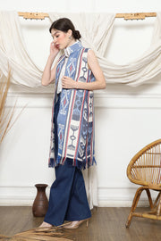 Blue Tribal Ikat Vest with fringes