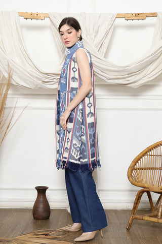 Blue Tribal Ikat Vest with fringes