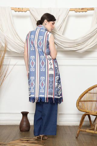 Blue Tribal Ikat Vest with fringes