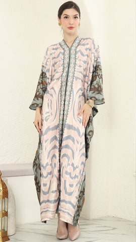 Pink Green Ikat Long Kaftan