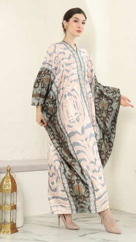 Pink Green Ikat Long Kaftan